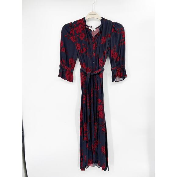 Marissa Webb Collective Navy Red Floral Print Belted Button Front Shirt Dress - Picture 3 of 7